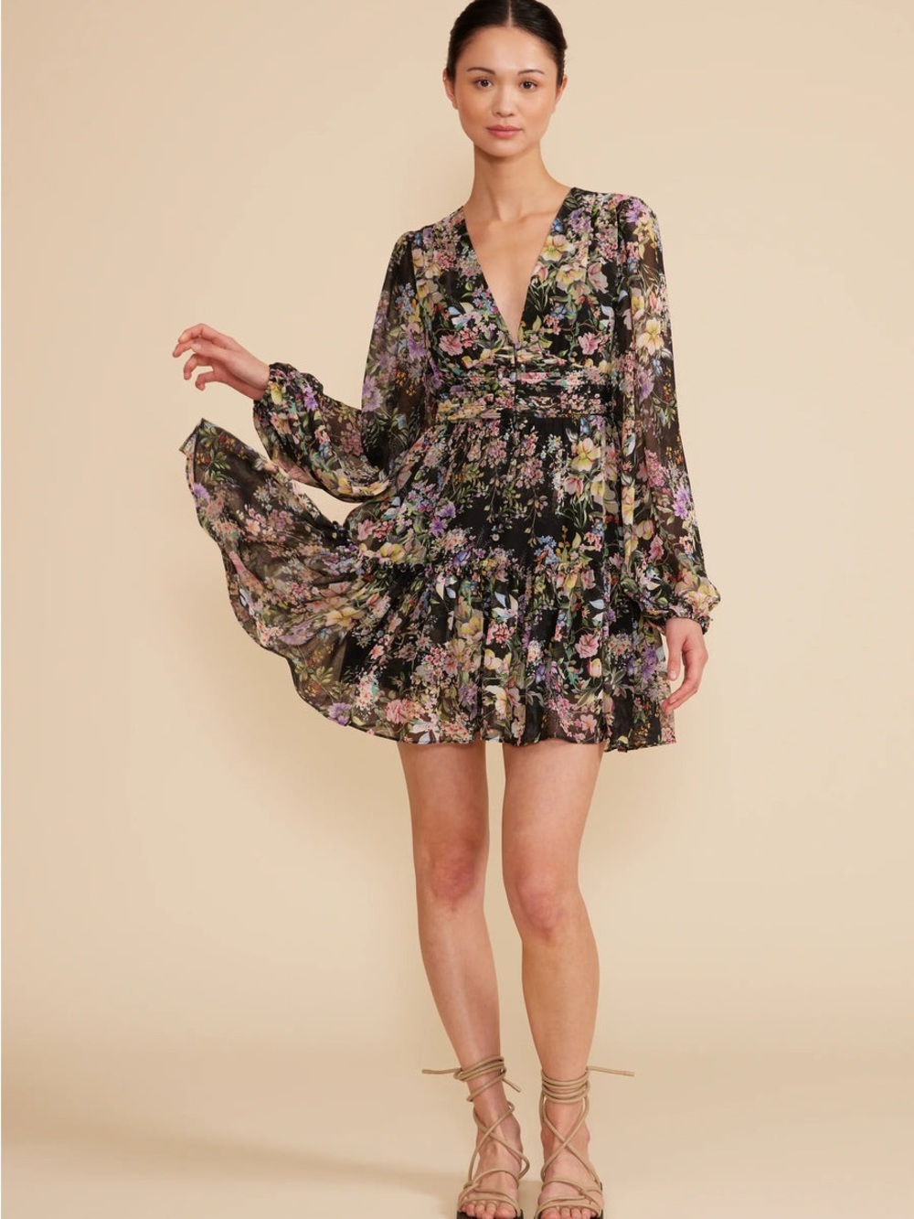 Lucy Paris Black Floral Long-Sleeve V-Neck Mini Dress